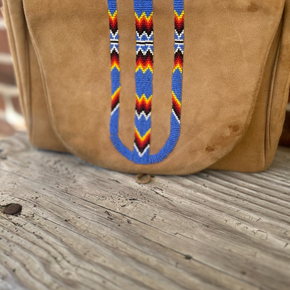 Brown Suede Tote with Colorful Pattern
